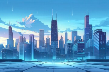 cityscape with tall skyscraper on light blue sunny day for urban themed presentations