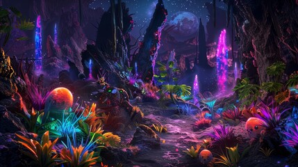 Fototapeta premium Neon Glow in a Mystical Alien Forest - A surreal landscape with glowing neon plants and rocky formations in a vibrant, fantastical world. - A surreal landscape with glowing neon plants and rocky forma