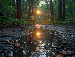 A puddle in a forest path with dappled sunlight.