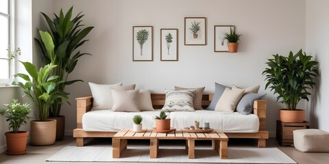 Stylish Scandinavian living room natural decorating material and color scheme with daylight home interior design background concept living room design mockup with warm. Generative AI