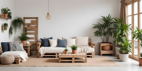 Stylish Scandinavian living room natural decorating material and color scheme with daylight home interior design background concept living room design mockup with warm. Generative AI