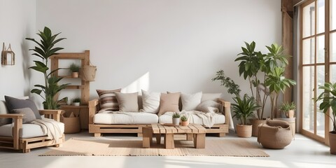 Fototapeta premium Stylish Scandinavian living room natural decorating material and color scheme with daylight home interior design background concept living room design mockup with warm. Generative AI