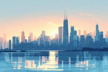Obraz premium cityscape reflected in calm water at sunset serene urban landscape scene