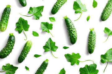 Fresh Cucumbers and Green Leaves Isolated on Transparent Background