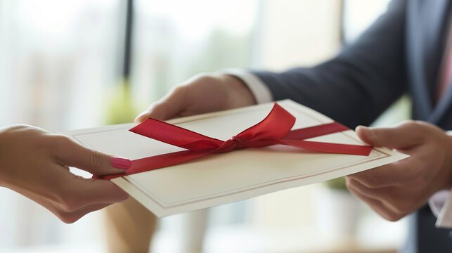 Close-up of a person handing over an elegant certificate with a red ribbon to another person, symbolizing recognition or celebration.