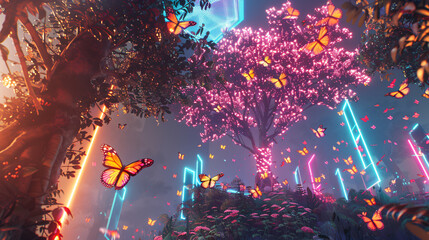 Enchanting fantasy scene with glowing trees and butterflies. Luminous nature composition in a magical forest setting.