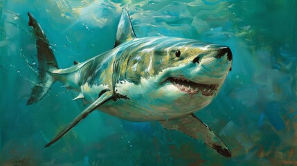 Obraz premium The great white shark patrols the ocean depths, its powerful body and keen senses making it a top predator in the marine world.