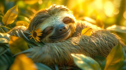 Obraz premium Smiling sloth hugging a sunflower in a sunny forest, concept of tranquility and nature's beauty