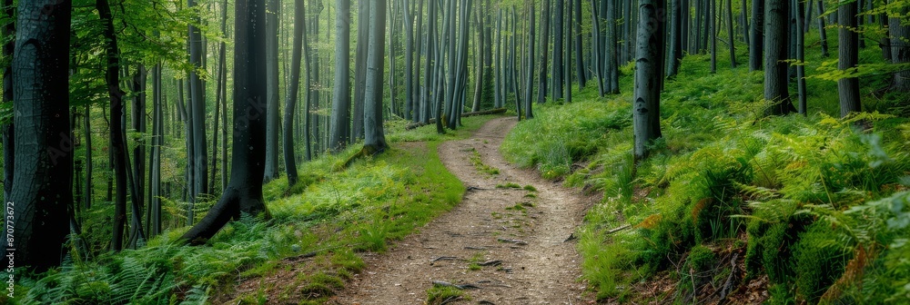 Poster path through a lush forest - a winding path leads through a dense forest, sunlight filtering through