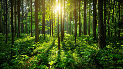 Obraz premium Sunlight streaming through dense forest trees, casting long shadows on lush green foliage, creating a serene and vibrant natural scene.