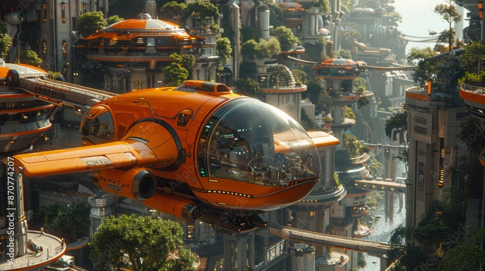 Poster paint a scene of a flying taxi navigating through a network of aerial highways and landing pads, sho