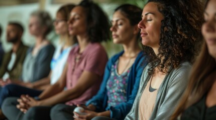 A group of people participate in a wellness retreat workshop, practicing mindfulness through meditation