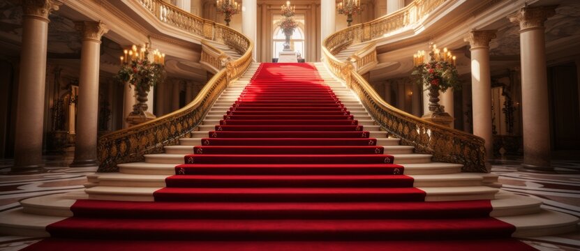 A majestic red carpet staircase leading up to a throne, symbolizing luxury, power, and grandeur.