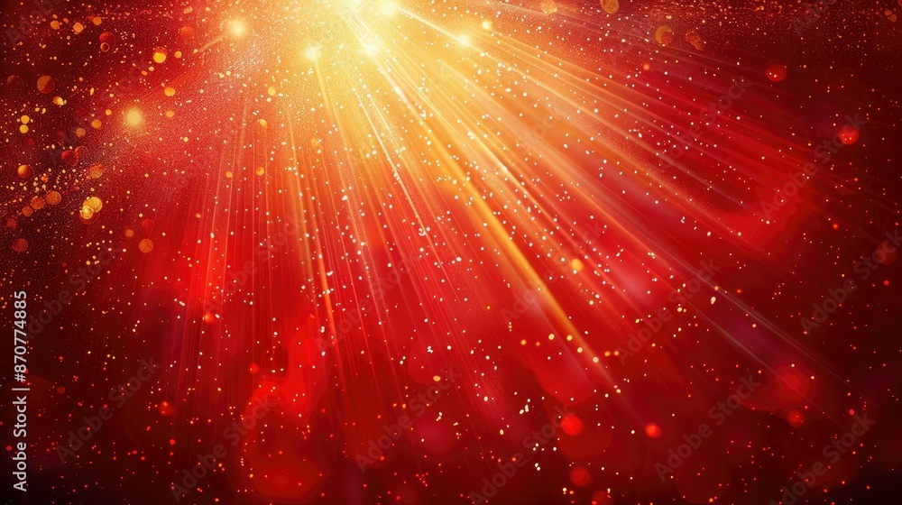 Poster captivating red background with dynamic golden light rays, creating a mesmerizing visual effect