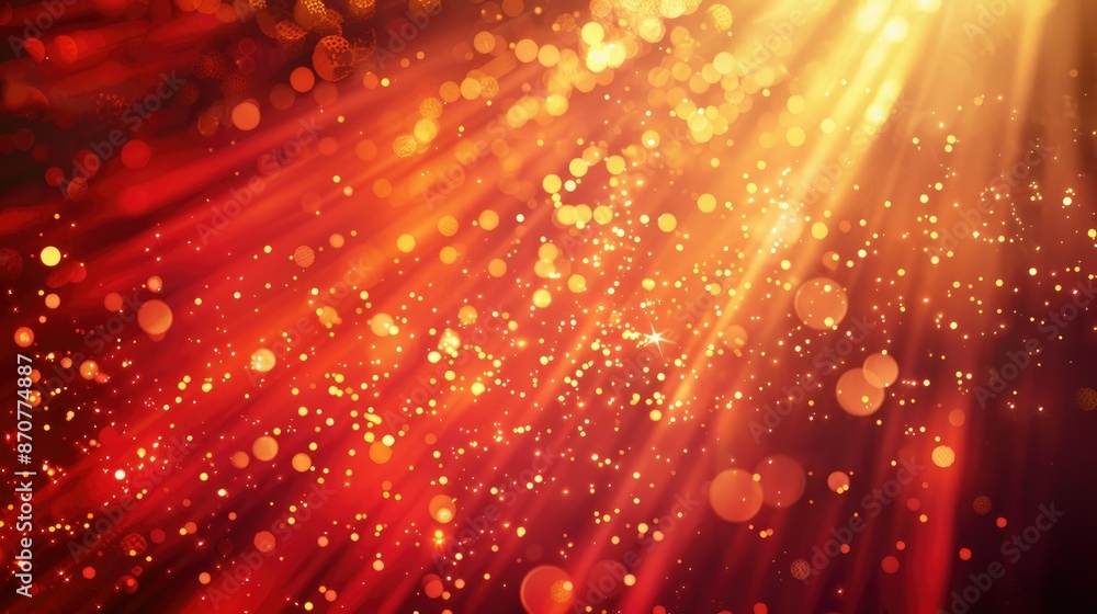 Poster captivating red background with dynamic golden light rays, creating a mesmerizing visual effect