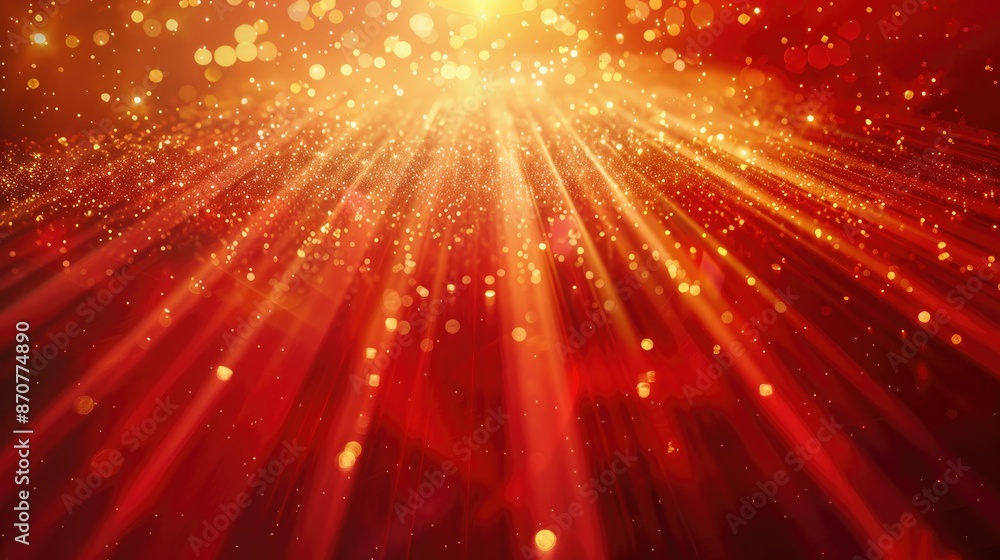 Poster captivating red background with dynamic golden light rays, creating a mesmerizing visual effect