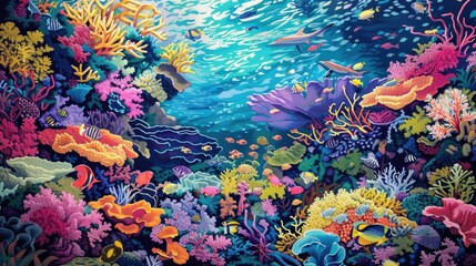 Detailed anime artwork of a coral reef, highlighting the vivid colors and dynamic marine life