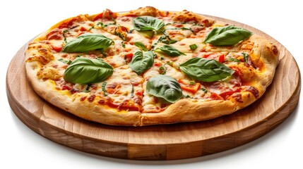 Classic Italian pizza with fresh basil on a wooden plate, isolated on white