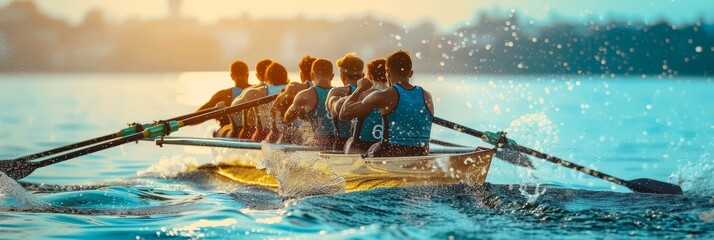 Rowing Crew Racing Through Sun-Drenched Waters - A rowing crew of six men power their boat through turquoise water during a sunny day. The boat creates a splash of white water as the athletes row with