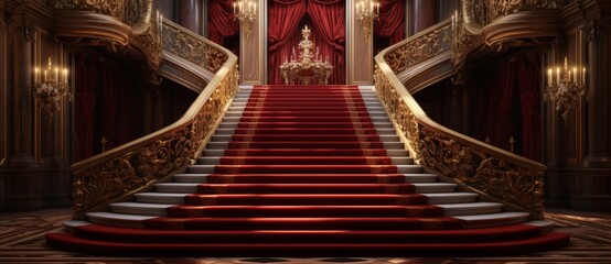Obraz premium A majestic red carpet staircase leading up to a throne, symbolizing luxury, power, and grandeur.