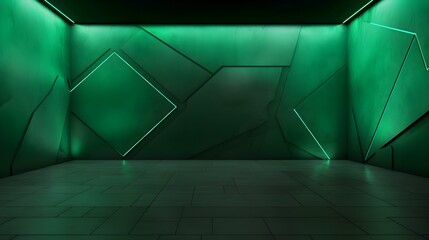Fototapeta premium Modern emerald geometric Interior with Neon Lighting. Empty Room for Product Presentation