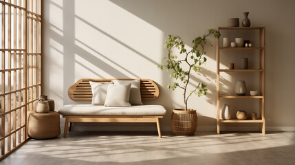 A tranquil entryway with a wooden shoe rack and bench, soft lighting, and minimalist decor. The design emphasizes functionality and simplicity, blending Japanese and Scandinavian aesthetics.