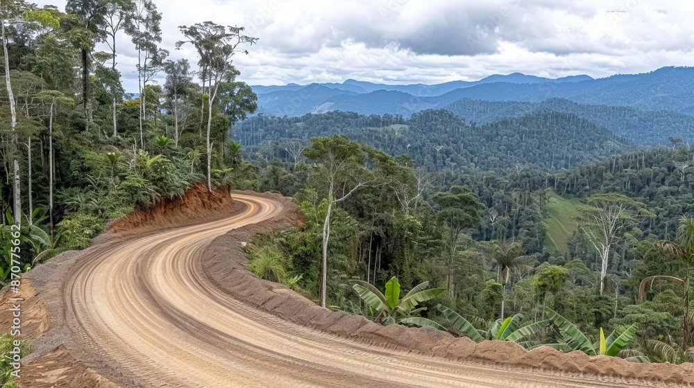Poster render a road that winds its way through a dense jungle, its path obscured by towering trees and thi