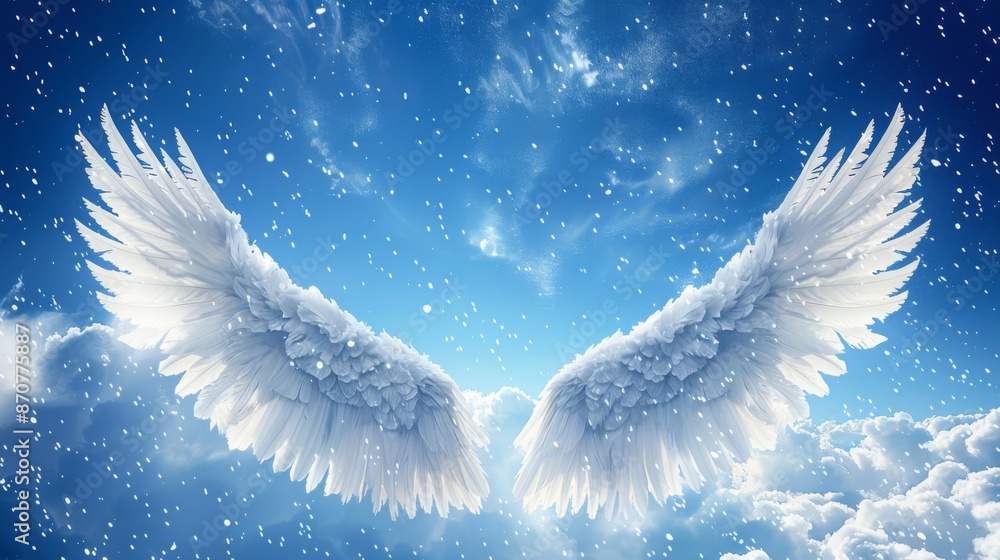 Poster render a surreal image of clouds shaping into a pair of majestic wings, spanning across the sky as i