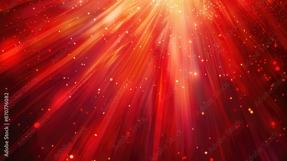 Poster dynamic red backdrop with ethereal golden light rays, ideal for modern and artistic presentations