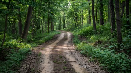 Naklejka premium Forest Path Leading Through Lush Green Trees