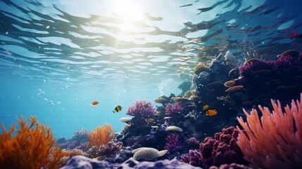 Obraz premium Vibrant underwater coral reef with colorful fish and marine plants, deep sea marine life scene