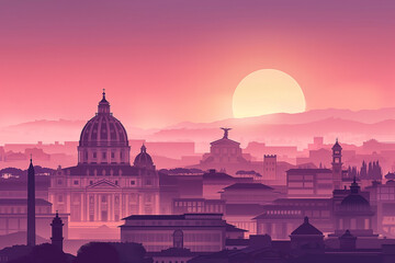 Obraz premium City Silhouette at Dusk, Roma Silhouette, Italy City, Classical European architecture, Sunset over the city