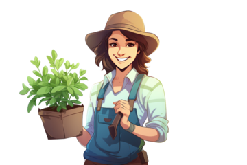 young female farmer Watering plants on white background bright smile Show love and care for the crops isolated on white background.