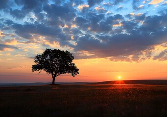 Lonely Tree in Field at Sunset