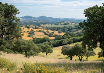 A beautiful landscape of a green rolling hills and mountains in the distance