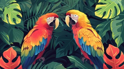 Fototapeta premium Two Colorful Macaws in Lush Tropical Foliage
