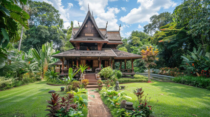 Fototapeta premium A traditional Lanna-style house surrounded by gardens and greenery, showcasing the unique architecture of northern Thailand