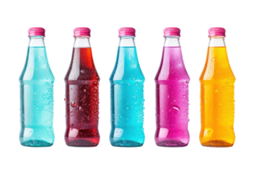 Various types of soft drinks Isolated bottles on white background It shows dew drops on the bottle. colorful labels and clear bubbles