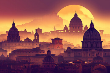 Fototapeta premium City Silhouette at Dusk, Roma Silhouette, Italy City, Classical European architecture, Sunset over the city