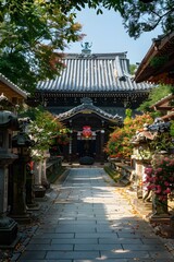 Fototapeta premium The path to the temple is lined with stone lanterns and colorful flowers