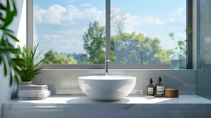 Modern bathroom interior with a white sink, two bottles of soap and a stack of towels. The window in the background looks out onto a green garden and blue sky.