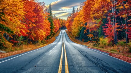 Fototapeta premium A picturesque highway in a beautiful autumn landscape, with trees in vibrant fall colors lining the road