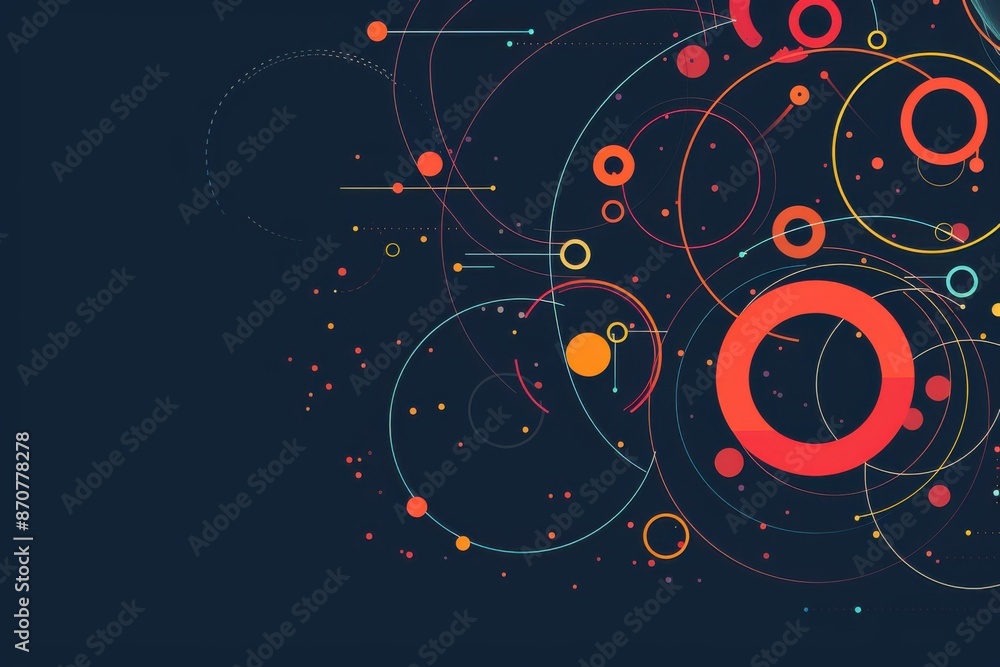 Poster graphical representation of data trends in circles and chart on dark blue backdrop