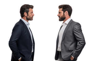 Two businessmen look serious and focused and are discussing important matters. Talking and exchanging opinions on a white background