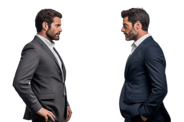 Two businessmen look serious and focused and are discussing important matters. Talking and exchanging opinions on a white background