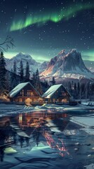 Fototapeta premium Snowy log cabins with view of mountains and northern lights reflection in river, night peaceful winter scene