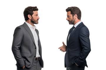 Two businessmen look serious and focused and are discussing important matters. Talking and exchanging opinions on a white background