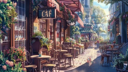 Obraz premium Detailed anime scene of a charming Parisian cafe with wrought iron tables, flower boxes, and patrons enjoying coffee and pastries