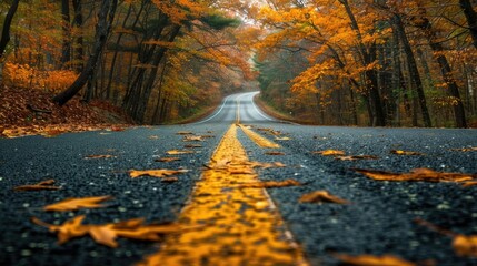 A scenic highway surrounded by vibrant autumn leaves, perfect for a fall road trip