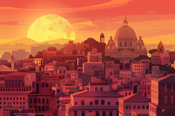 City Silhouette at Dusk, Roma Silhouette, Italy City, Classical European architecture, Sunset over the city